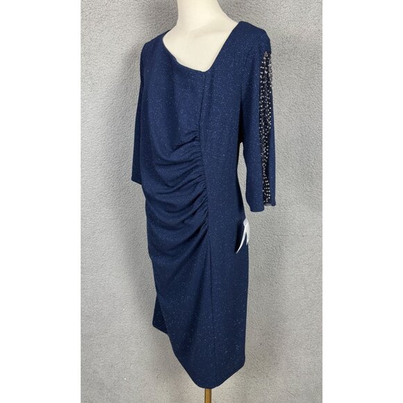 SLNY Plus Size Women's Glitter Asymmetric Neckline Ruched Dress 20W Blue NWT's - Picture 4 of 8